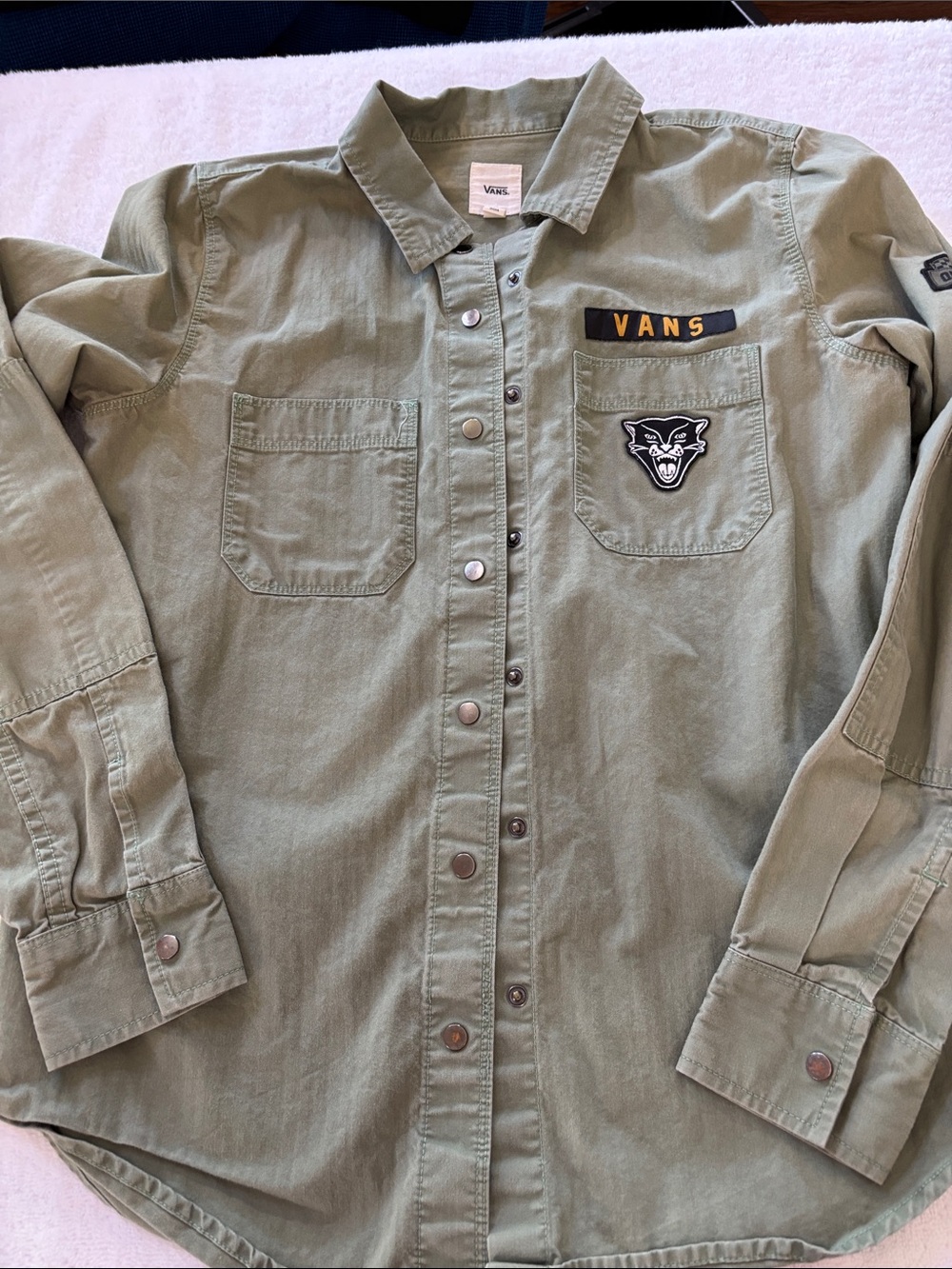 Vans Olive Green Long-Sleeve Button-Up Shirt with Patch